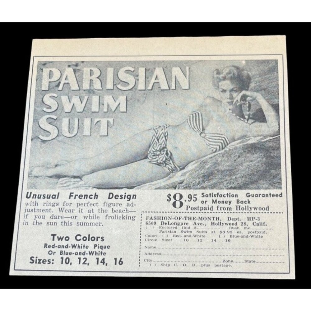 Parisian Swimsuit Bikini Girl Vintage Print Ad 1950 Fashion of the Month